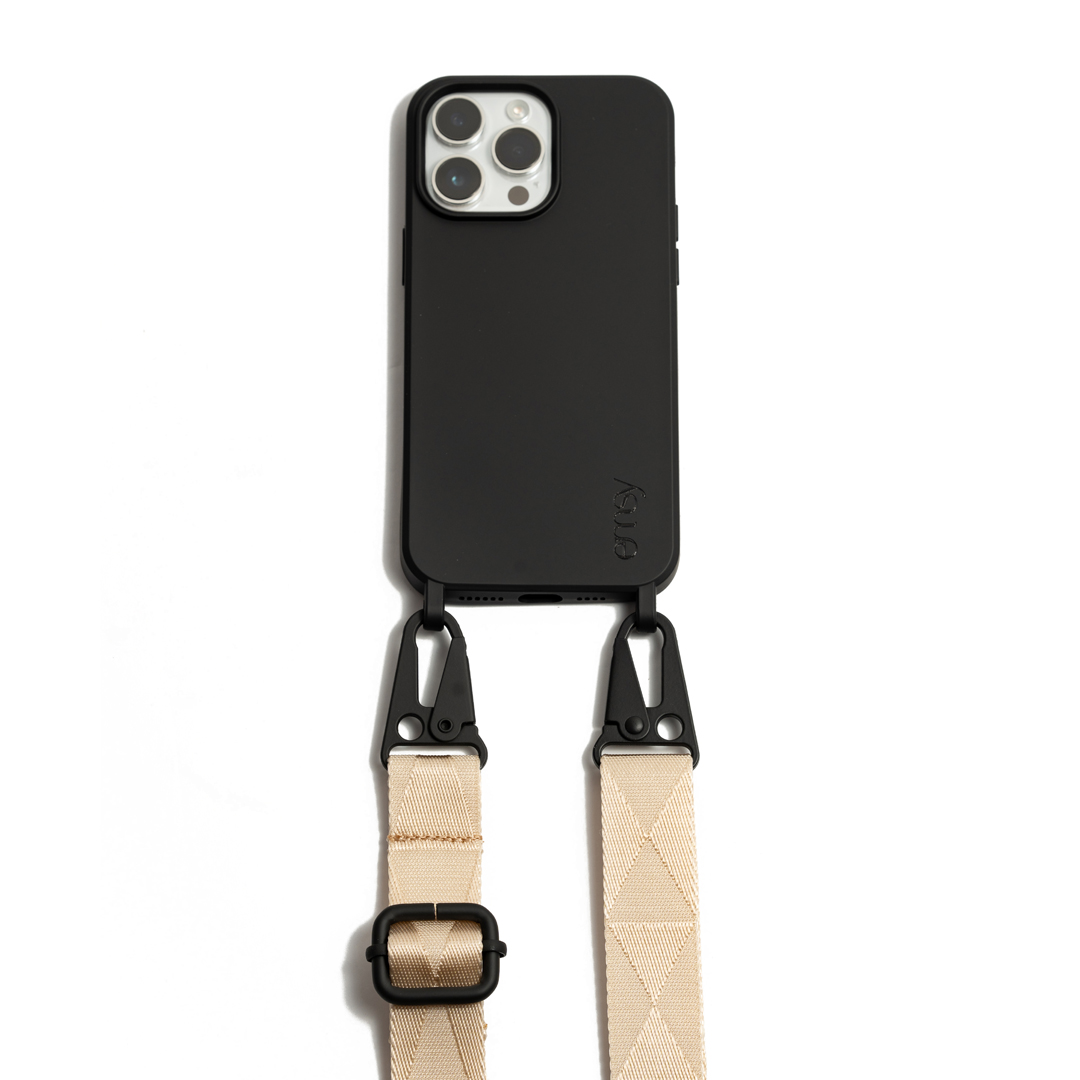 Black Phone Case With Beige Woven Lanyard - PopUpDesign